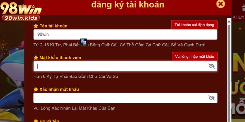 Đăng Ký 98win - Hướng Dẫn Các Bước Và Lưu Ý Cần Biết 3 Thông tin bạn cần cung cấp để mở tài khoản tại 98win