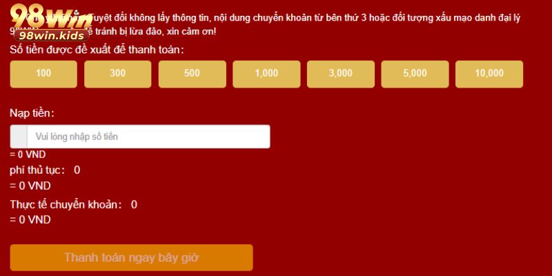 Nạp Tiền 98win - Hướng Dẫn 3 Phương Thức Tiện Lợi 3 Người chơi điền thông tin để nạp tiền qua ngân hàng